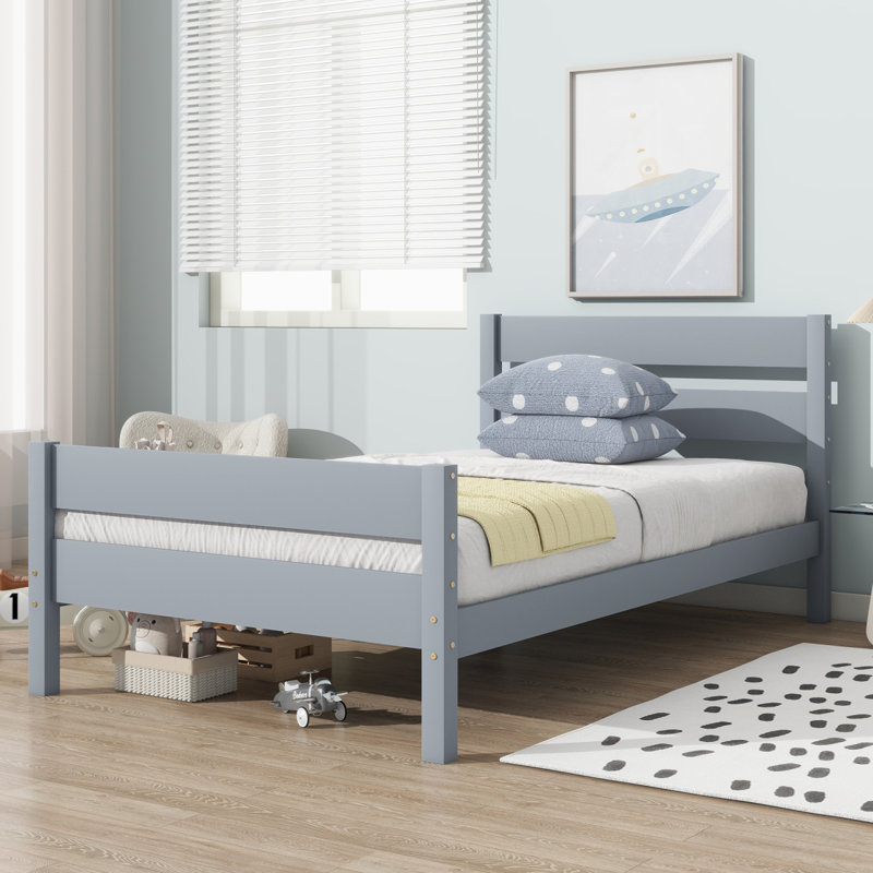 Lit simple avec tête et pied de lit, lit en bois d'hévéa, gris