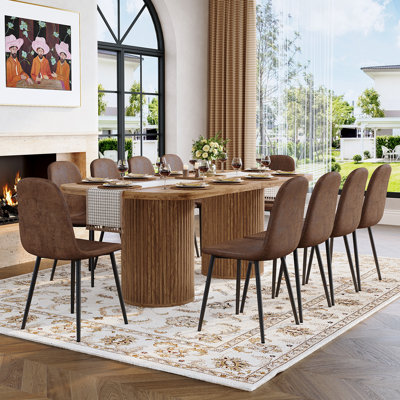 Modern Dining Table Set For 6/8/10 – 79" Dark Wood Dining Table With Dual Pedestal Base & Hidden Storage, Suede Upholstered Chairs, Large Kitchen & Dining Room Set