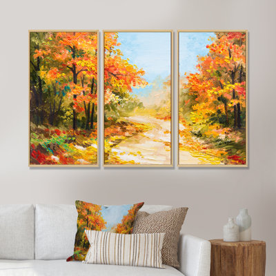 Chemin dans la forêt d'automne - ensemble d'art mural sur toile encadré paysage de 3