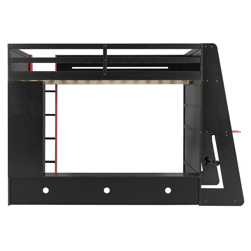 Lit mezzanine double en bois avec bureau, tablettes multiples et lumière RVB, Rouge