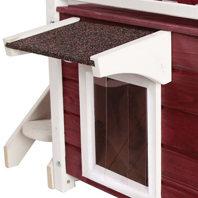 Outdoor Cat House for Feral Cats Weatherproof, 2 Story Wooden Kitten Condo with Escape Door Red