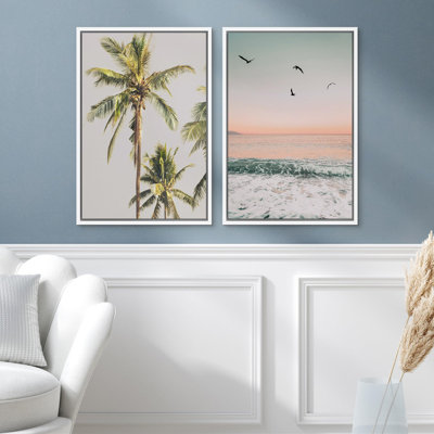 Beach And Plants " Tropical Palm Tree Silhouette And Sunset Birds Over Ocean Waves Modern Art Wall Decor Artwork " 2 - Pieces
