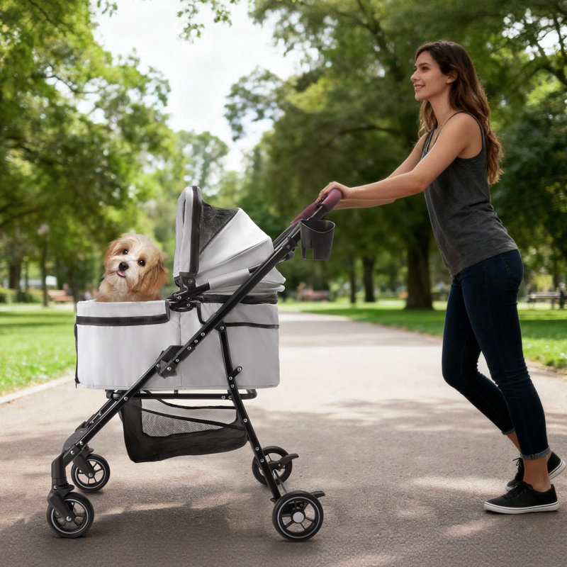 Foldable Pet Stroller With Separable Carrier And 360° Rotating Wheels, Gray