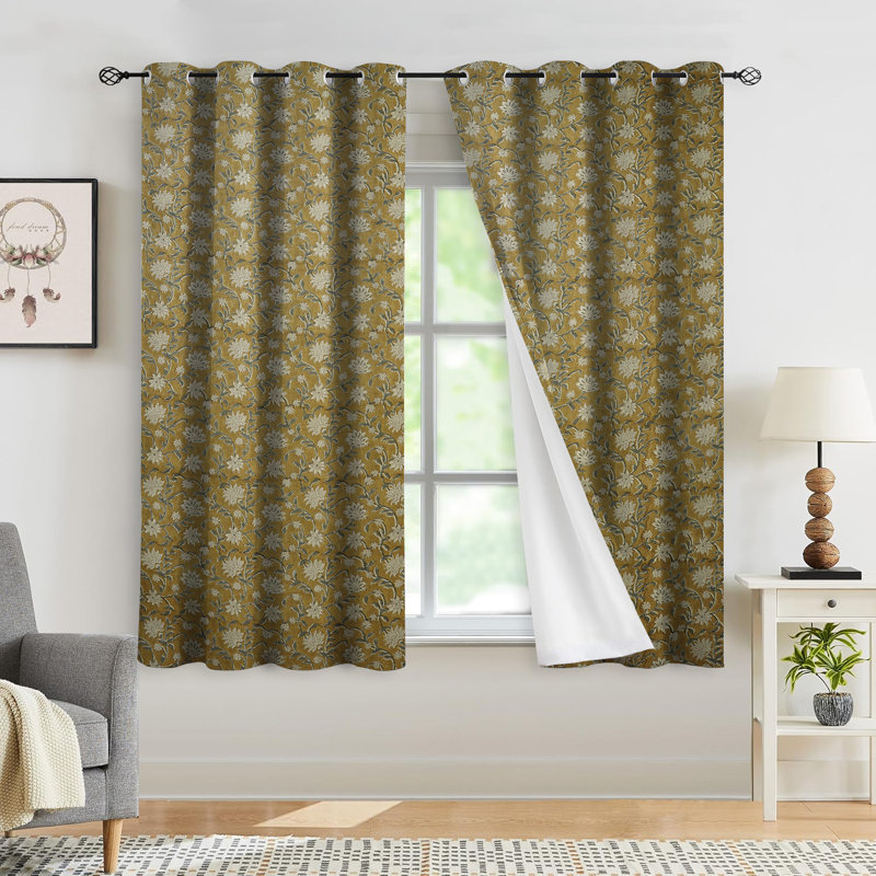 Fabdivine Block Print Eyelet Curtains Window Drapes for Décor Thick Linen 54x102 Inch- Aradhna, 54" W x 102" L