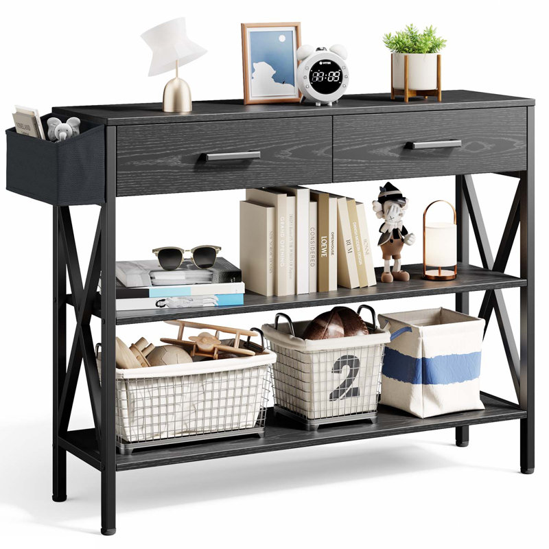 Achna 32" H x 39.4" W Solid Wood Entryway Table with 2 Drawers & 2 Open Shelves, Black