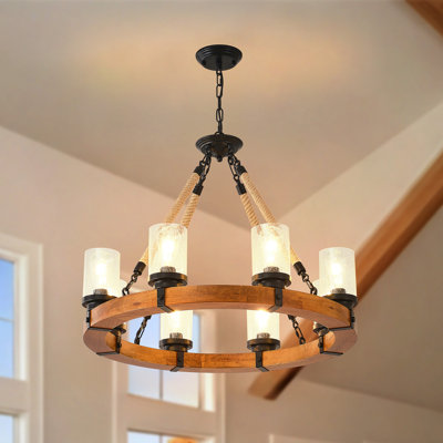 Lustre 8 lumières de style campagnard pour salle à manger, lustre rond en bois avec abat-jour en verre ensemencé, luminaire suspendu rustique 