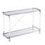 Table d'appoint en acrylique de 112 cm (44,04 po) avec structure en métal et 2 tablettes en verre, idéale pour le salon et la chambre. Pieds en verre.