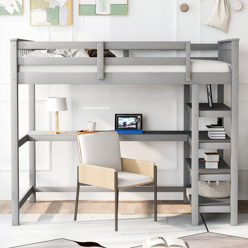 Lit mezzanine simple gris avec dessous de tablettes et bureau - Fabrication en bois massif robuste pour un rangement efficace dans la chambre à coucher