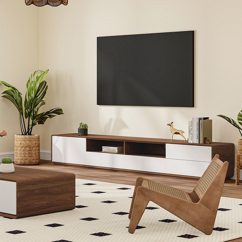 Dawnee Modern Wood TV Stand Media Console 4 Drawers Open Storage Cabinet Walnut Veneer Fully-assembled Hokku Designs 