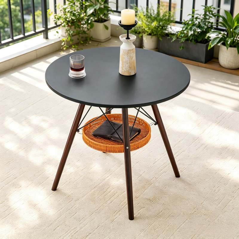 Dining Table de salle à manger ronde de style moderne Mid-Century avec 4 pieds en bois de noyer, plateau de table noir et plateau de rangement tissé