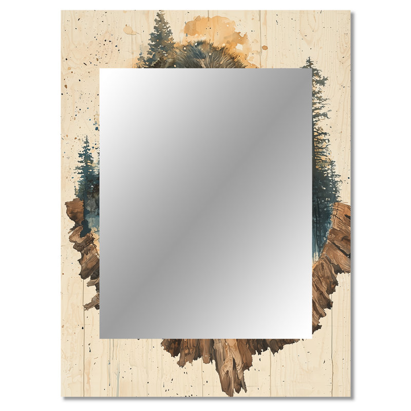 Gnome en bois dans un paysage de forêt I - miroir mural Bigfoot, miroir décoratif brun, impression d'art en métal