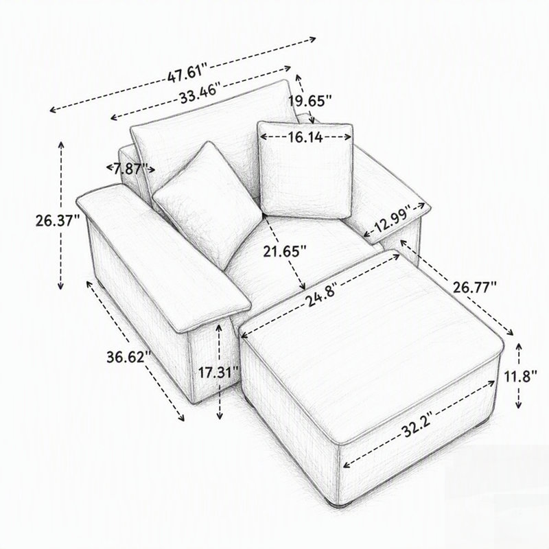 Fauteuil surdimensionné avec assise profonde et pouf amovible à 2 niveaux, canapé-lit infonuagique avec méridienne pour un confort optimal au salon