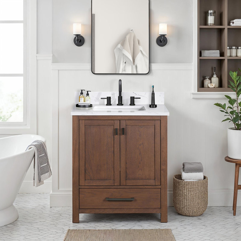 Meuble-lavabo simple 30 po avec plateau Souther, Marbre blanc de Cala, Chêne moka, Noir