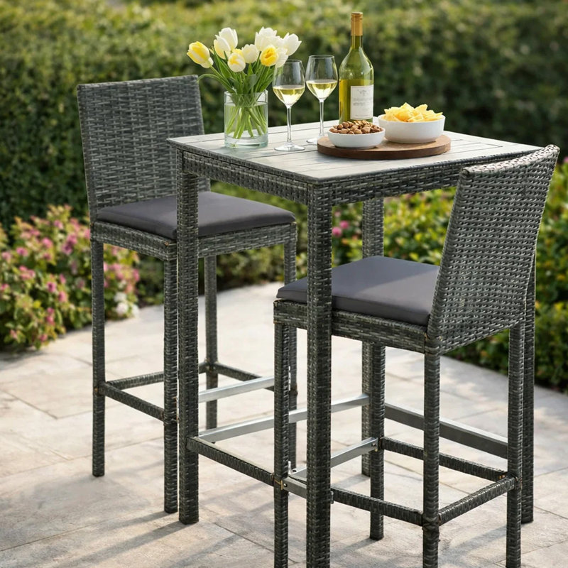 Chaise avec tabouret d'extérieur, rotin gris, coussins en tissu noir, 4