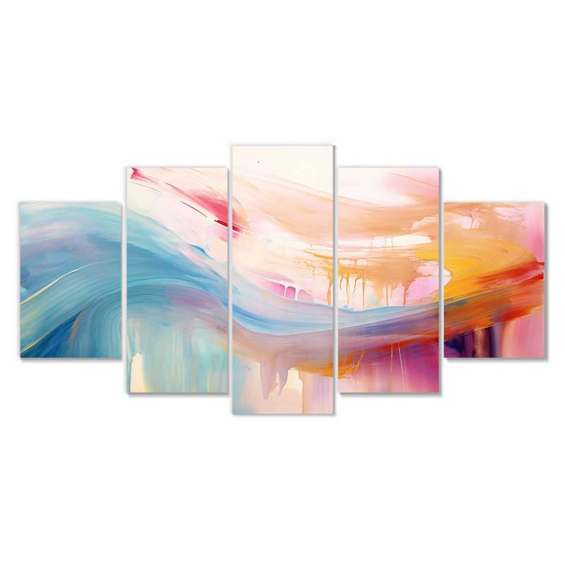«Vibrant Waves Miami Sunset II - Abstract Modern Waves», art mural 5 pièces, H 32 po x l 60 po