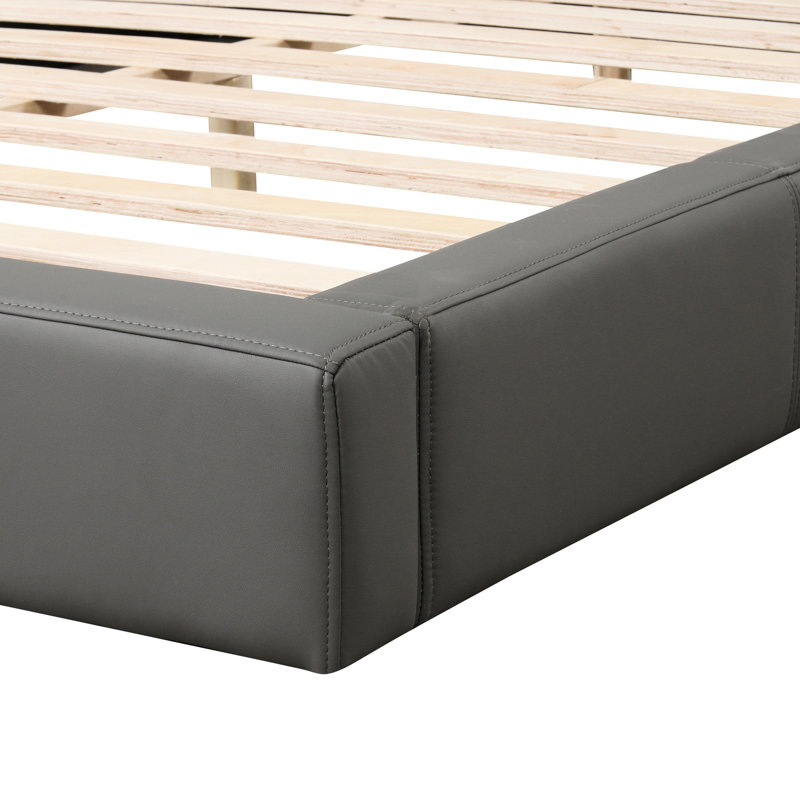 Élégant grand lit gris, revêtement en similicuir, bois, rembourrage élégant de 8 pouces pour matelas, 10 lattes pour une charge uniforme