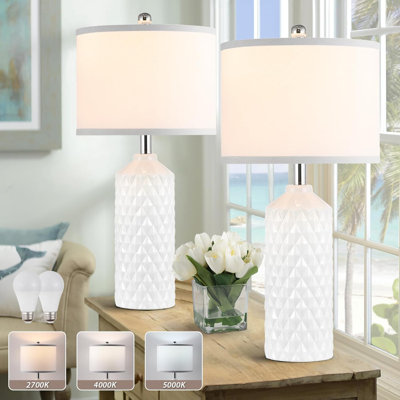 Modern Ceramic Table Lamps Set Of 2 With Adjustable Color Temperature, Handcrafted White Ceramic Base And Linen Shade, Includes 2 LED Bulbs