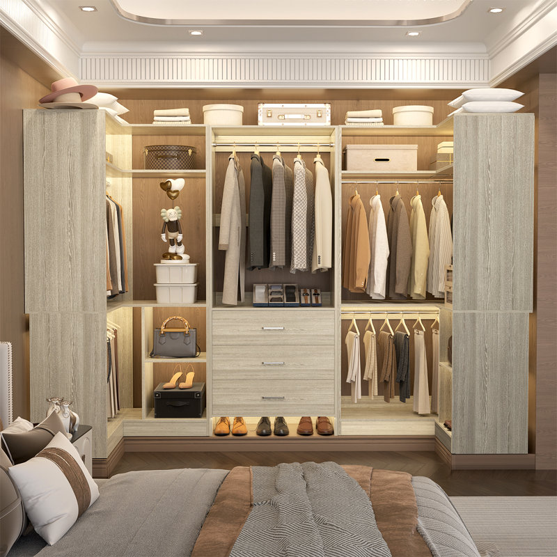  88.8'' W Closet System with Wooden Drawers and Hanging Rods, White Oak
