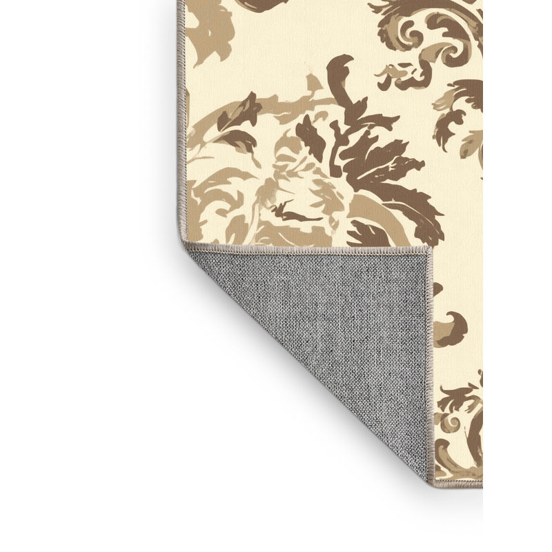 Machine Washable Ottoline Traditional Damask Rug in Beige – Beige Binding, 7' Square
