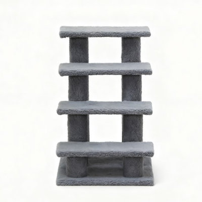 Multi-Level Grey Plush Cat Stairs with Carpeted Scratching Posts, Sturdy Wood Pet Steps for Cats and Small Dogs to Climb, Scratch, and Access Beds, Sofas in Living Room, Bedroom