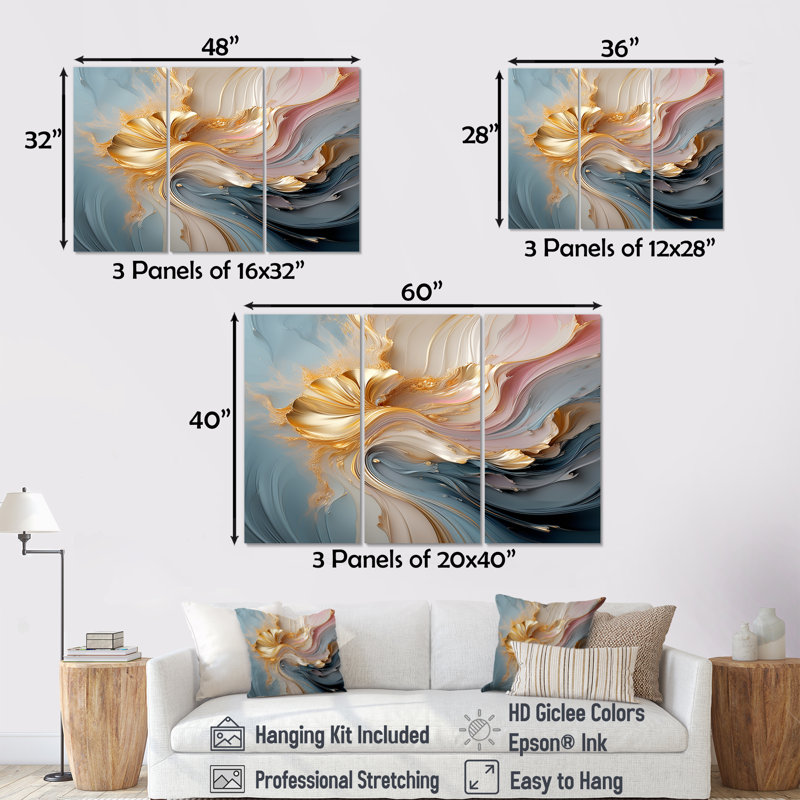 «Fluid Magnificence Pink Gold II», ensemble d'art mural abstrait à encre liquide, Toile tendue, H 40 po x l 60 po x P 1 po