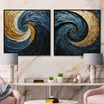 Gold Teal Minimalism Spiral Poteries - Abstract Spirals Square Collage Set Of 2