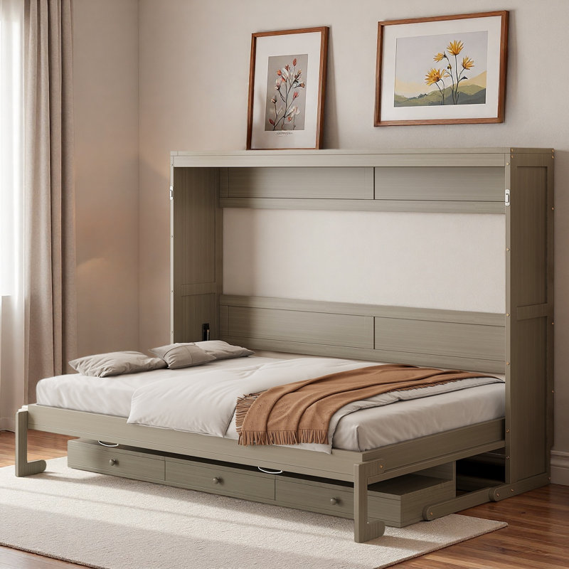 Murphy Bed With Vanity Desk, Center Mirror And 2 Side Drawers, Gray