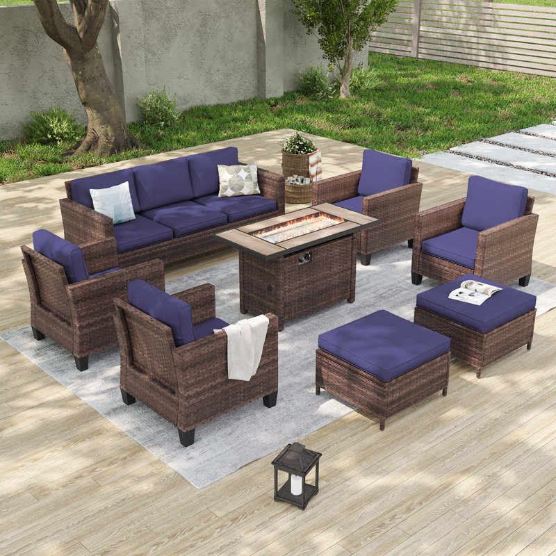 8-Pieces Patio Sofa Sets with 45'' Fire Pit Table, PE Rattan Wicker for Patio , Deck and Yard, Brown, Navy Blue