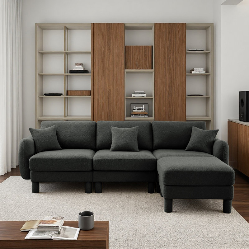 Boucle Fabric Convertible L Shape Sectional 3-Seater Sofa Couch With Distinctive Shell-Shaped Armrests And Removable Ottoman