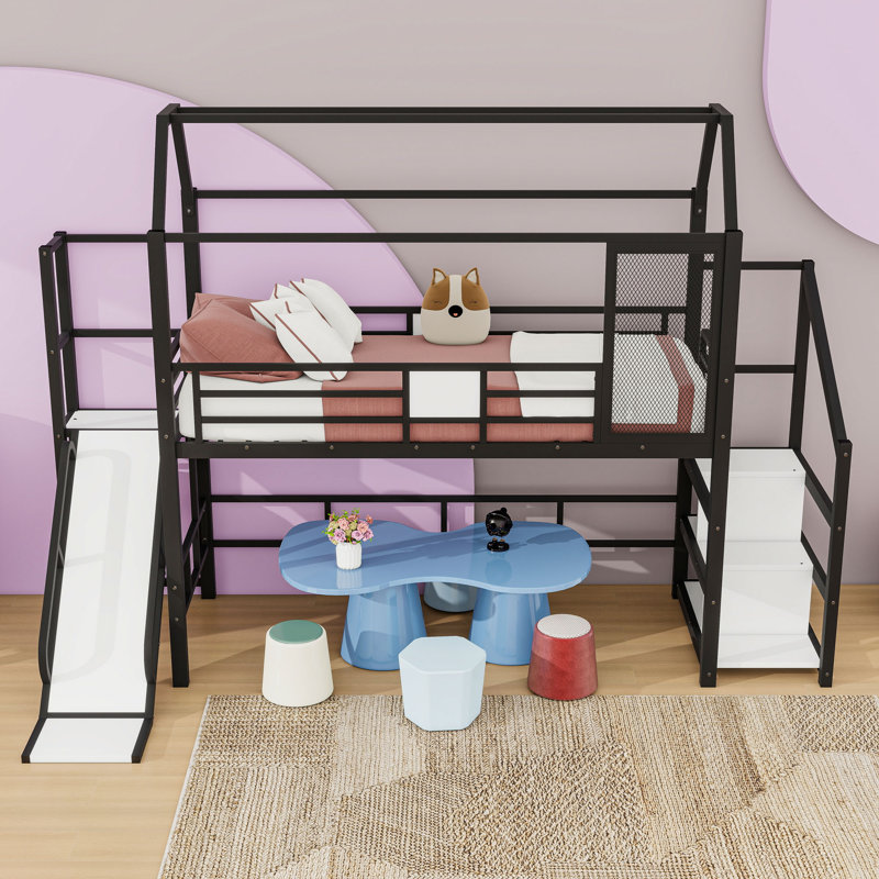House Loft Bed With Slide And Stairs, Twin, Black