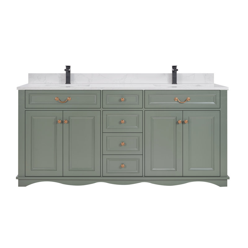 72'' Solid Wood Double Bathroom Vanity with 1'' Engineered Marble Top, Pewter Green
