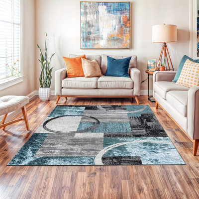 Fanton Modern Abstract Performance Gray/Ivory/Blue Area Rug