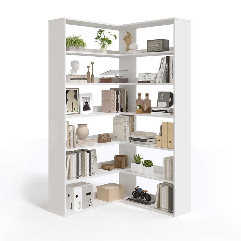 6-tier Corner Bookshelf With Baffles, L Shaped Tall Bookcases, 6-tier Bookshelf And Bookcase With Open Storage For Home Office