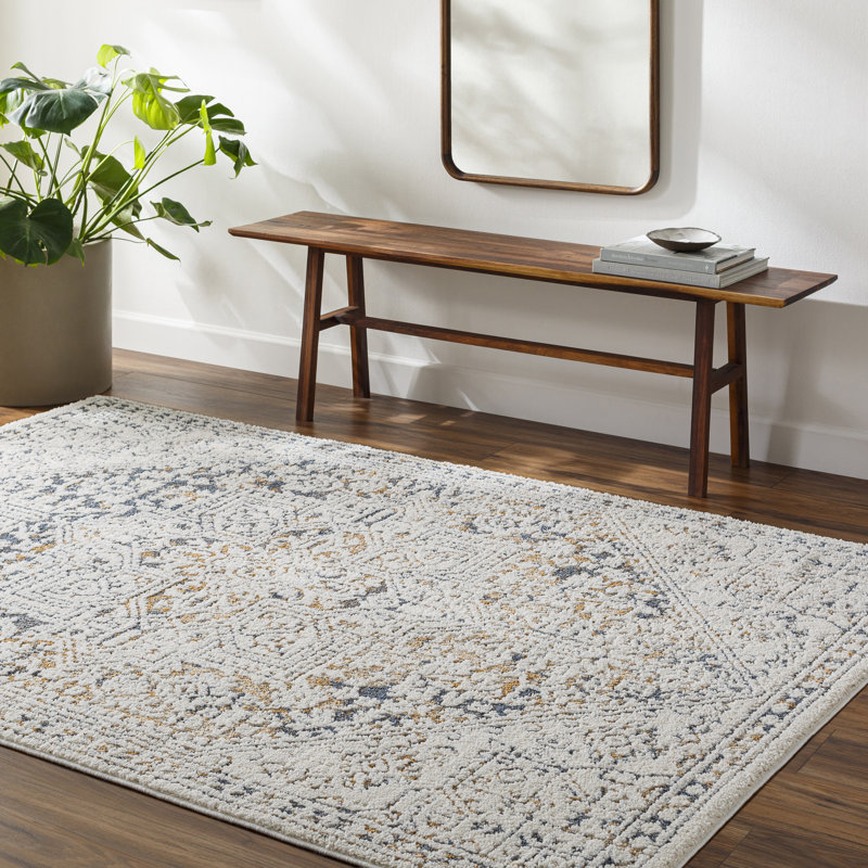 Rectangle Denisia Oriental Machine Woven Polyester Area Rug in Cream/Blue, Rectangle 5'3" x 7'