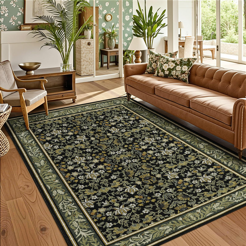  8x10 Washable Area Rugs for Living Room, Vintage Floral Print Bedroom Rugs Soft Non Slip Accent Farmhouse Carpet for Dining Room Office Oriental Low Pile Large Throw Rug, Green Black