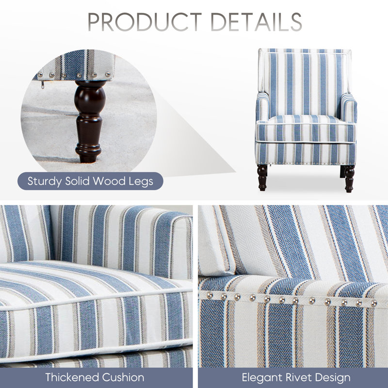 Upholstered Accent Chair With Solid Wood Frame And Turned Legs, Blue/White Striped Linen