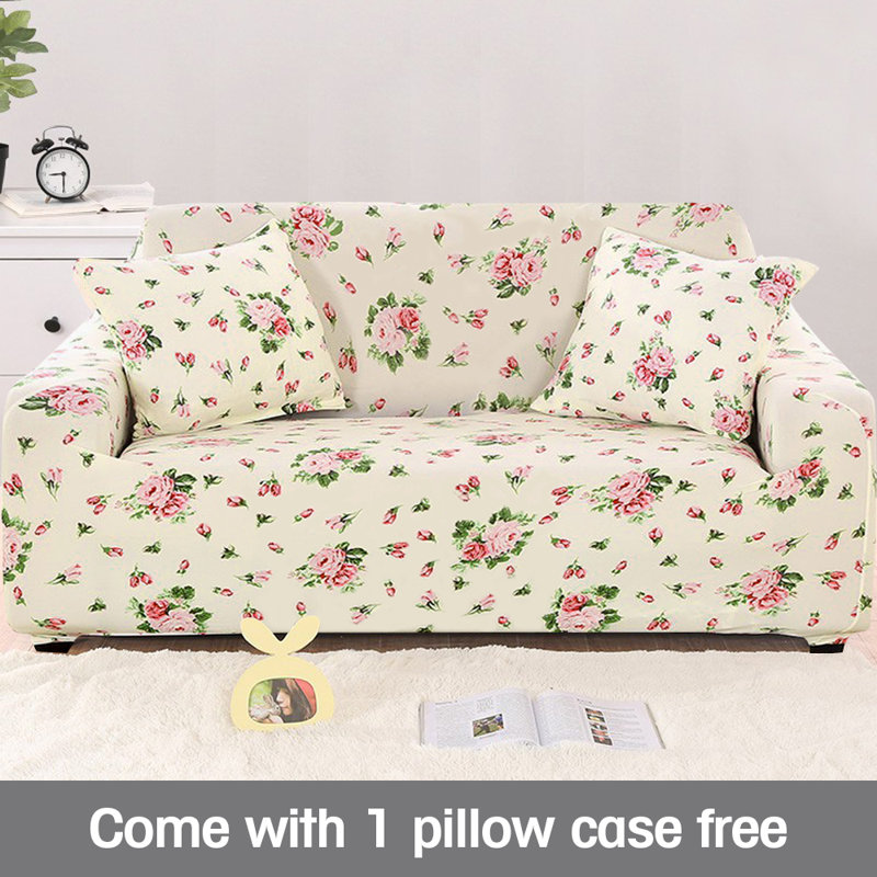 Housse pour canapé extensible 3 places, Mélange de polyester à fleurs roses, H 45 po x l 90 po x P 30 po
