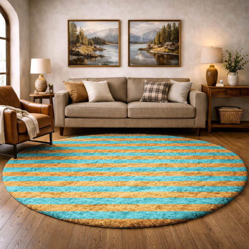 Premium Machine Washable Dream Shag ADS530 Striped Rug, Aqua, 8' Round
