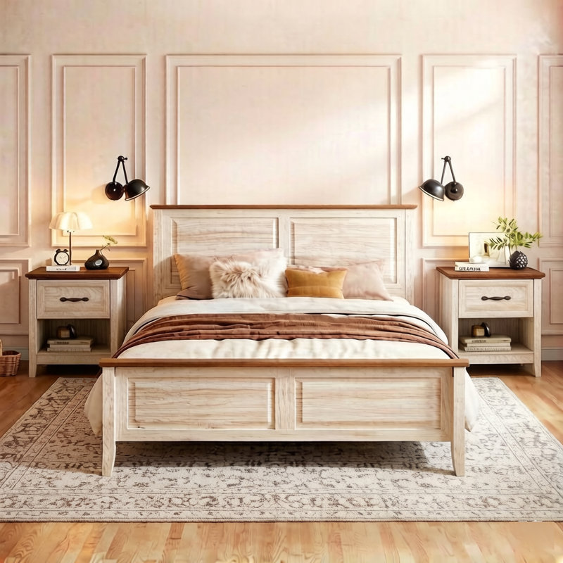 Bridgeport Farmhouse Nightstand Set With Storage and Charging Station (Set of 2), Beige
