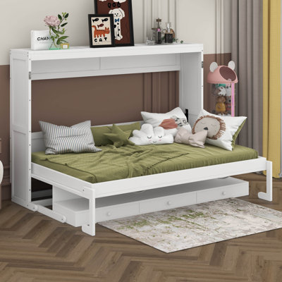 Grand lit escamotable mural avec rangement, lit armoire pliable avec bureau de coiffeuse, miroir central et 2 tiroirs latéraux