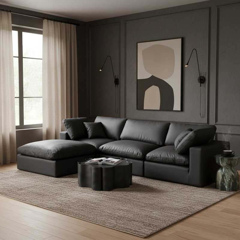 Canapé modulaire réversible de 120 po en similicuir de large avec repose-pieds, Cuir végétalien noir