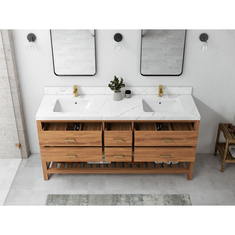 Parker Teak 72'' Double Bathroom Vanity with Top, Calacatta Nuvo