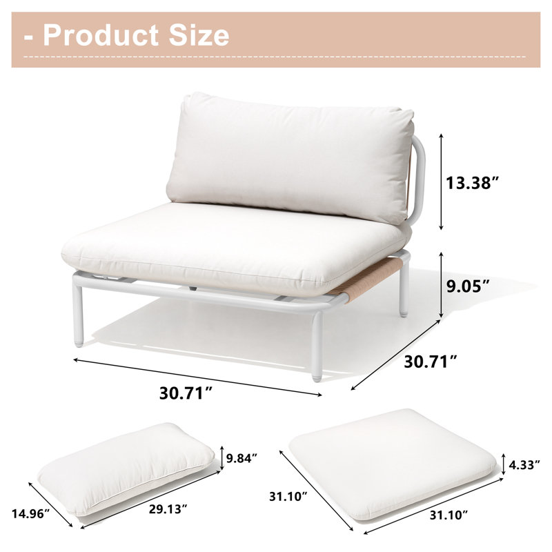 Canapé modulaire d'extérieur en métal pour 4 personnes avec coussins, Coussin beige / cadre blanc / naturel