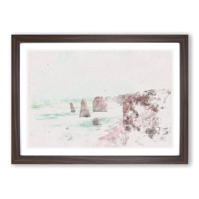The Twelve Apostles Cliffs in Australia Watercolour - Picture Frame Graphic Art Print, 36cm H x 48cm W x 2cm D, Walnut Framed