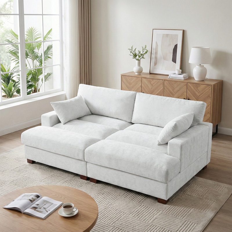 Canapé-lit surdimensionné rembourré en chenille blanc cassé avec accoudoirs et coussins décoratifs, Blanc cassé