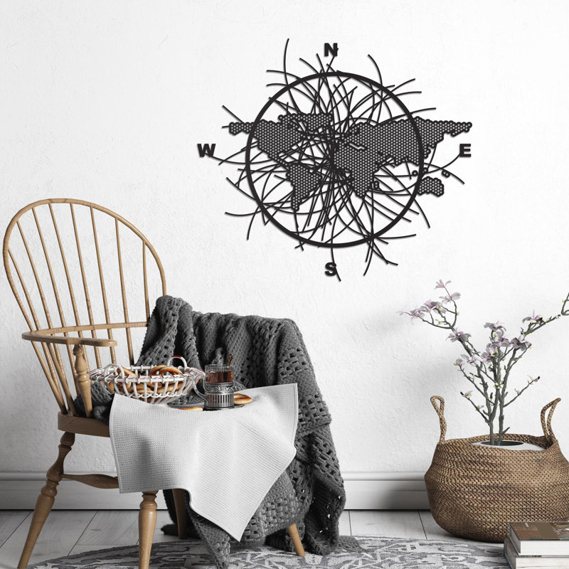 Art mural carte du monde en métal, décoration murale boussole abstraite, décoration de maison et de bureau moderne, cadeau de voyage unique, cadeau de pendaison de crémaillère pour couple