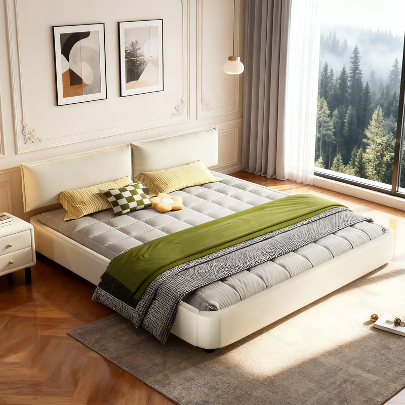 Très grande base de lit avec très grande tête de lit amovible et rembourrée, beige, Beige