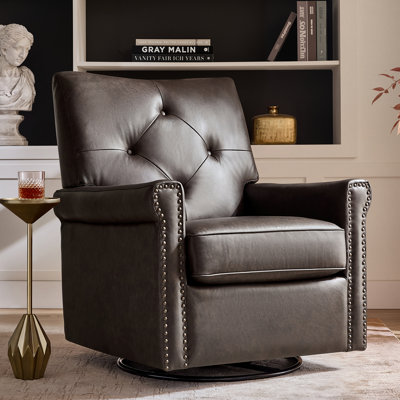 Stratton 31"W Transitional Genuine Leather Swivel Rocker Chair with Tufted Back and Nailhead Trim
