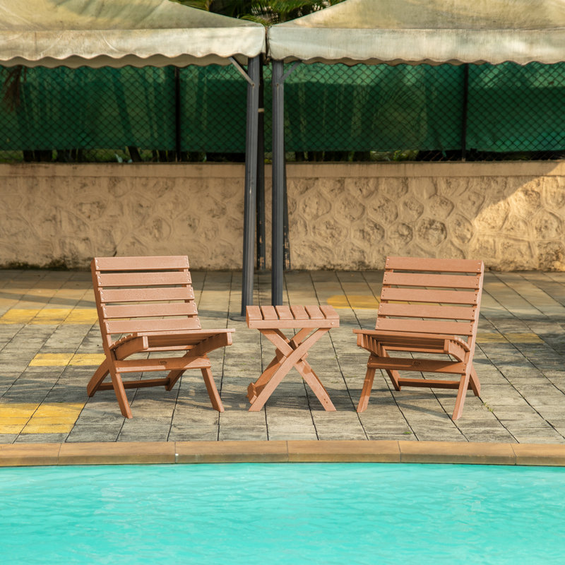 Grandcourt Fully Assembled All-Weather Outdoor Folding Patio Chair and Table 3 Piece Set, Teak