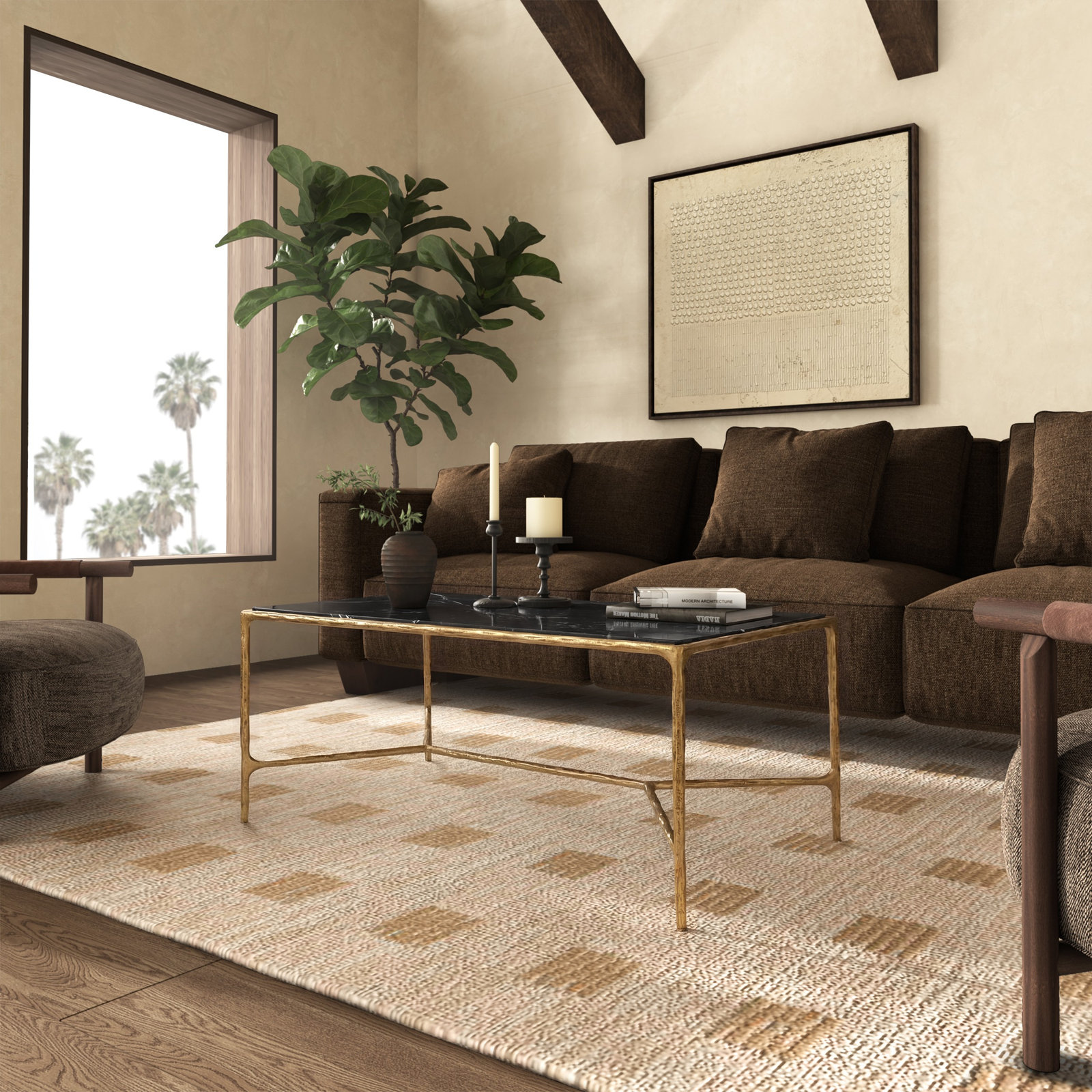 Evelynn 40" Glass Coffee Table, Brass, Black Marble